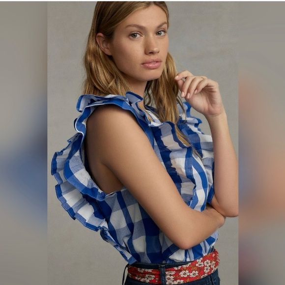 ANTHROPOLOGIE- Whit Two Cascade Ruffled Blouse Sz XL 💙🤍 - Picture 2 of 7